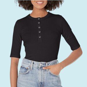 VINCE Top Women's Size Medium Black Henley Snaps Rib Elbow Sleeve Pima Cotton